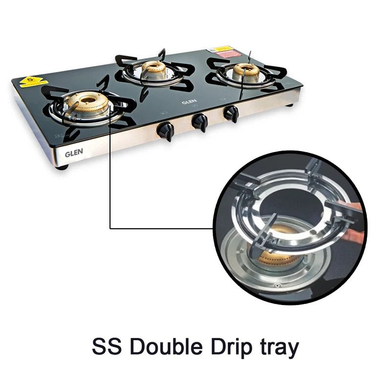 Glen CT1033GTXLFBDD 3 Burner Extra Large Glass Gas Stove – 8mm Toughened Glass, Forged Brass Burners, High Flame Burner, Double Drip Tray & Manual/Auto Ignition