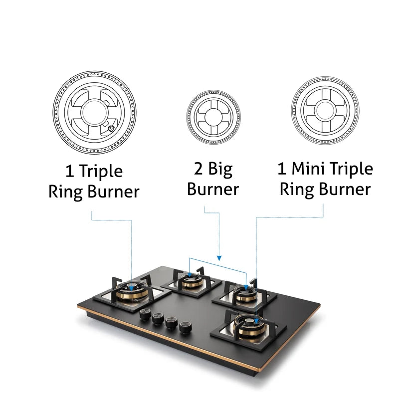 Glen BH1074SQHTT2TRMG 4 Burner Glass Gas Hob Top with Mini Triple Ring & Triple Ring Total Brass Burners, Auto Ignition – 77 cm