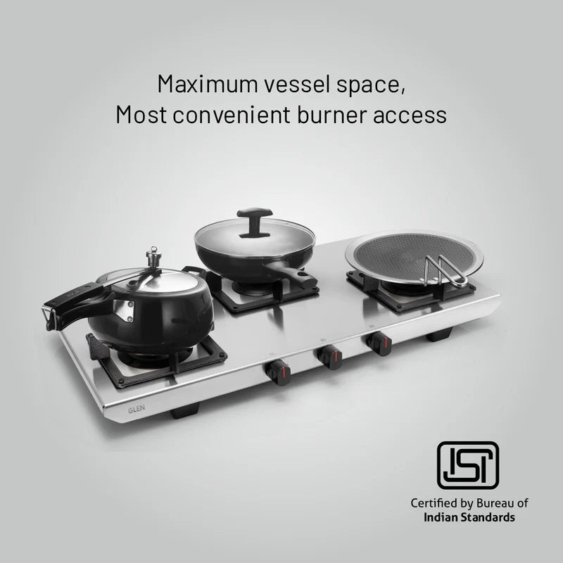 Glen CT1053UTSSPN 3 Burner Ultra Tuff Stainless Steel PNG Gas Stove with Forged Brass Burners, 5 mm Square Pan Supports & Manual Ignition