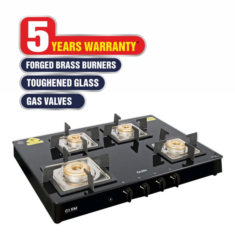 Glen CT1048SQBLFBAI 4 Burner Glass Gas Stove – 8mm Toughened Black Glass, Forged Brass Burners, Multi-Spark Auto Ignition & Matt SS Drip Tray