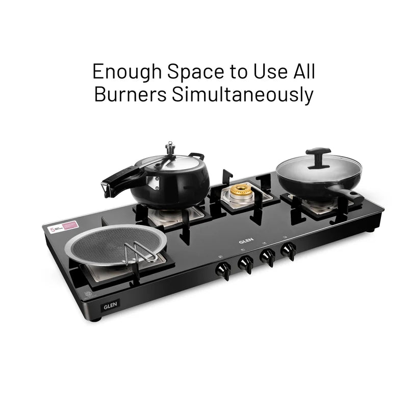 Glen CT1049SQGTFBAI 4 Burner Extra Wide Glass Gas Stove – 8mm Toughened Glass, 3 Forged Brass Burners, High Flame & Auto Ignition