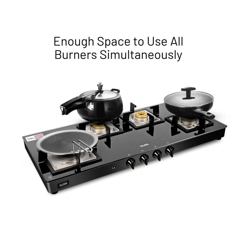 Glen CT1049SQGTFBAI 4 Burner Extra Wide Glass Gas Stove – 8mm Toughened Glass, Forged Brass Burners & Multi-Spark Auto Ignition