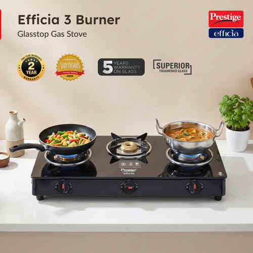 Prestige Efficia 3B 3-Burner Gas Stove – Toughened Glass Top with Brass Burners