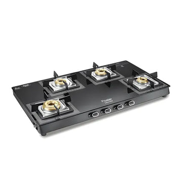 Prestige Vectra 4 Burner Gas Stove – Toughened Glass Top with Jumbo Brass Burners, 360° Revolving Nozzle