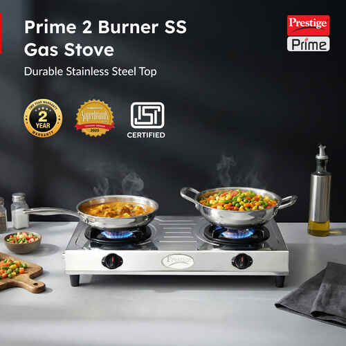 Prestige Prime 2 Burner Gas Stove – Stainless Steel Body & Top with Brass Burners
