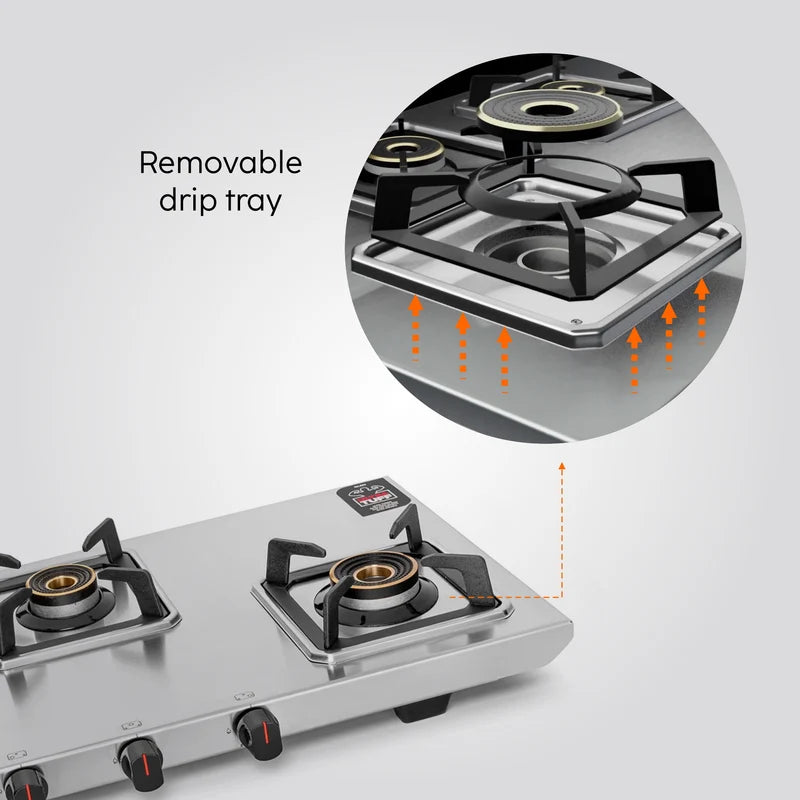 Glen CT1053UTDTSS 3 Burner Ultra Tuff Stainless Steel Gas Stove with Multi-Ring Forged Brass Burners & Removable Drip Trays