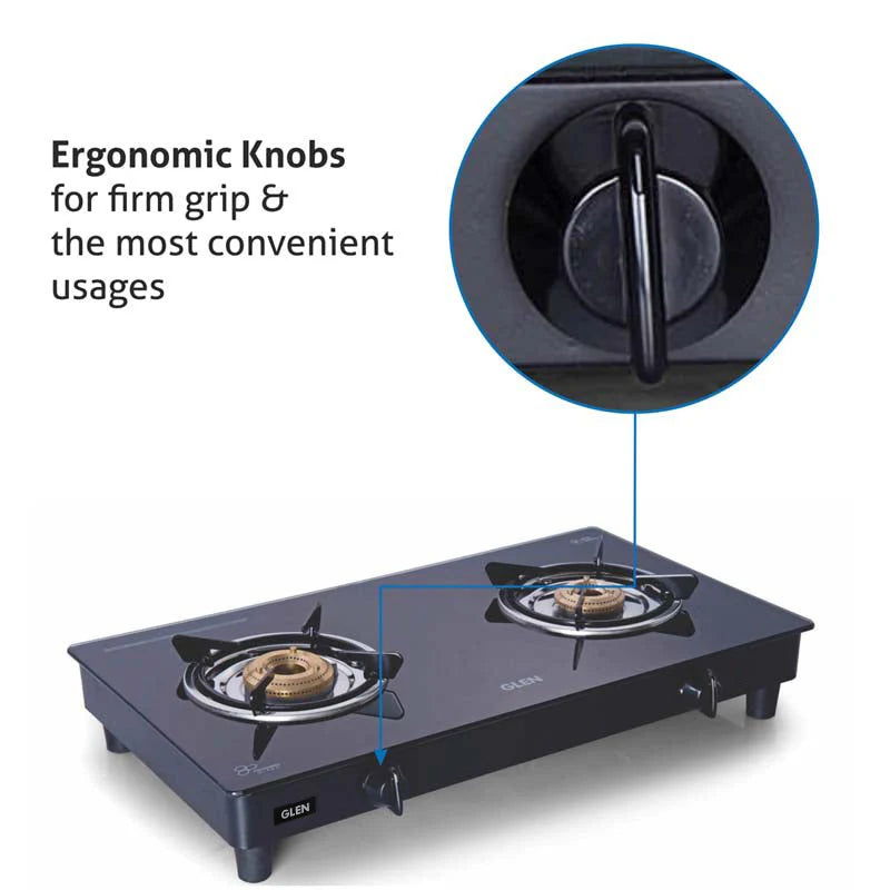 Glen CT1020GTXLBBBL 2 Burner Glass Gas Stove – Extra Large 6mm Toughened Black Glass, Brass Burners & Stainless Steel Drip Tray