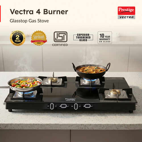 Prestige Vectra 4 Burner Gas Stove – Toughened Glass Top with Jumbo Brass Burners, 360° Revolving Nozzle