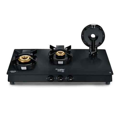 Prestige Svachh Neo GTSN 03 3-Burner Gas Stove – Toughened Glass Top with Liftable Brass Burners & Jumbo Burner