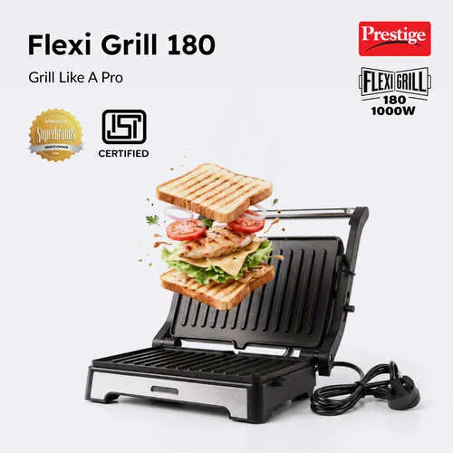 Prestige Flexi Grill 180 – 1000W Stainless Steel Electric Grill with 180° Opening & Oil Drip Collector