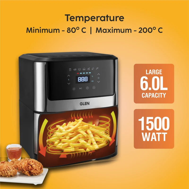 Glen Air Fryer 6.0 Litre Digital Air Fryer, 1500W, 7 Preset Menus, Timer & Temperature Control (3043 DSS)