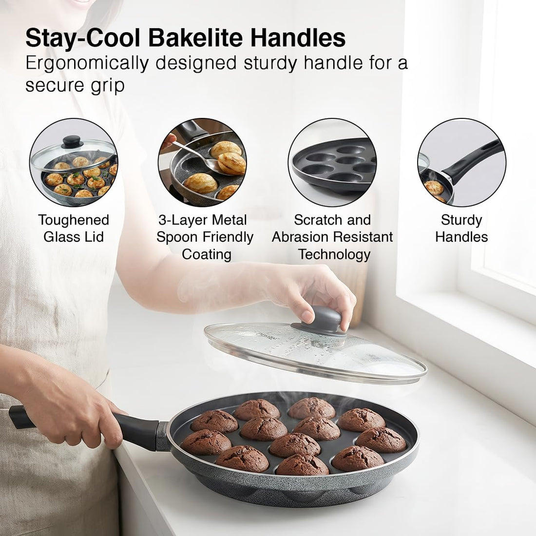 Prestige Omega Select Plus Non-Stick Appe Maker 12 Pits, 24 cm with Glass Lid