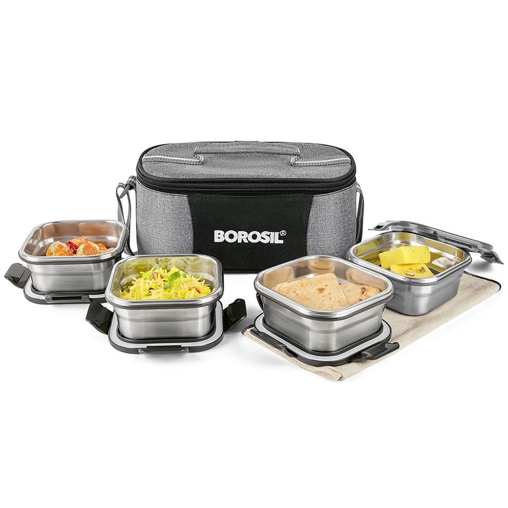 Borosil Feast Stainless Steel Square Tiffin Set of 4