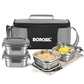 Borosil Feast Stainless Steel Square Tiffin Set of 4