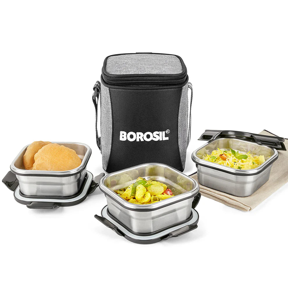 Borosil Feast Stainless Steel Square Tiffin Set of 3 – 400ml