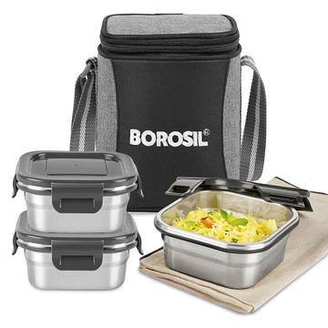 Borosil Feast Stainless Steel Square Tiffin Set of 3