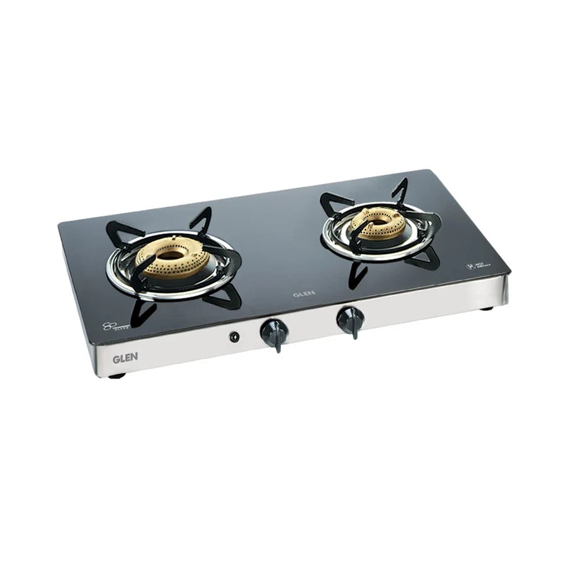 Glen CT1021GTFBHF 2 Burner LPG Glass Gas Stove – High Flame Forged Brass Burner, 6mm Toughened Glass, Stainless Steel Body & Manual/Auto Ignition