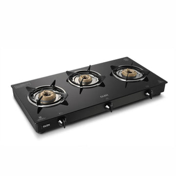 Glen CT1030GTHFBBBLPN 3 Burner PNG Glass Gas Stove – 6mm Toughened Black Glass, High Flame Brass Burner & Stainless Steel Drip Tray