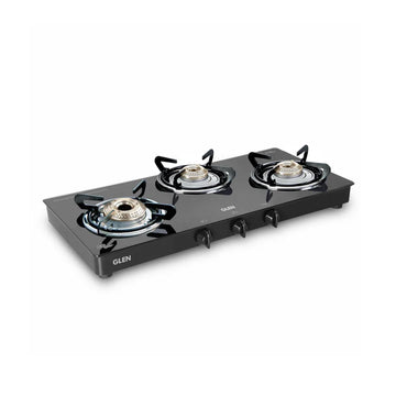 Glen CT1032GTHFBBDDBL 3 Burner Glass Gas Stove – 6mm Toughened Black Glass, Brass Burners, Double Drip Tray & Manual/Auto Ignition