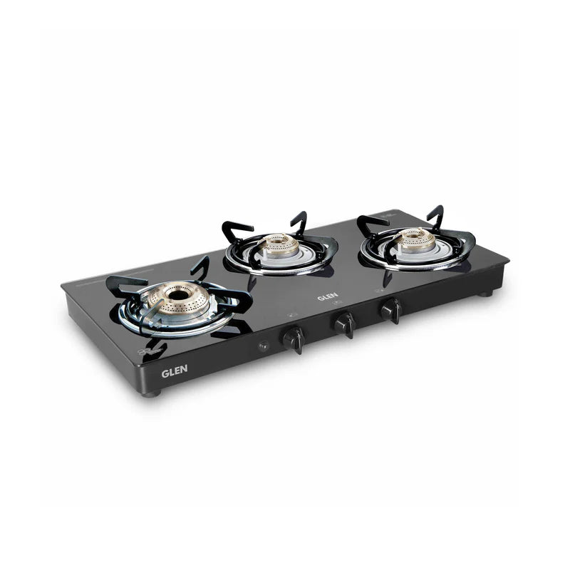 Glen CT1032GTHFBBDDBL 3 Burner Glass Gas Stove – 6mm Toughened Black Glass, Brass Burners, Double Drip Tray & Manual/Auto Ignition