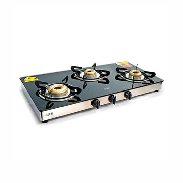 Glen CT1033GTXLFBDD 3 Burner Extra Large Glass Gas Stove – 8mm Toughened Glass, Forged Brass Burners, High Flame Burner, Double Drip Tray & Manual/Auto Ignition