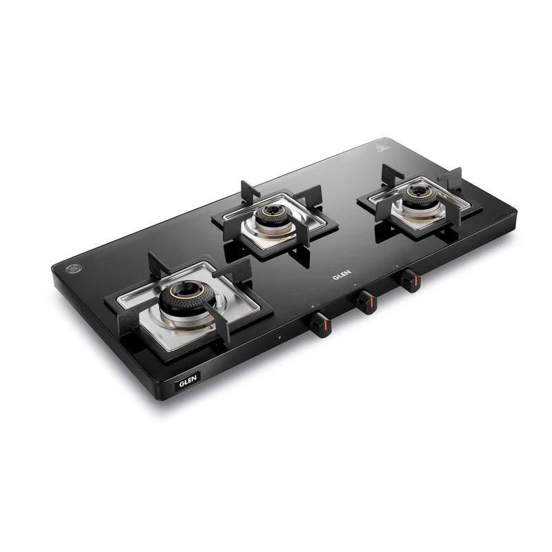 Glen 1035 US BL 3 Burner Ultra Slim Glass Gas Stove – High Flame Forged Brass Burner, Toughened Glass & Manual/Auto Ignition