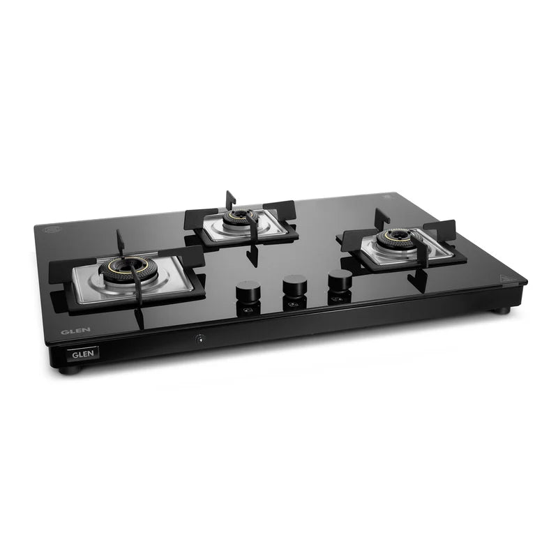 Glen CT1037USTN 3 Burner Ultra Slim Glass Gas Stove – 8mm Toughened Glass, 3 Forged Brass Burners, Top-Mounted Knobs & Manual/Auto Ignition