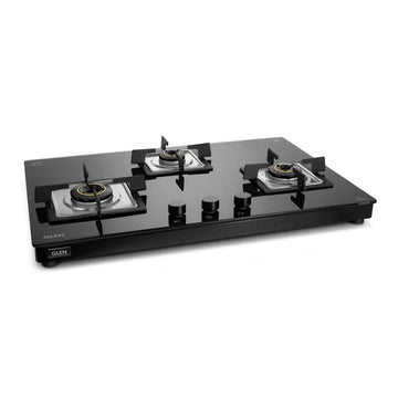 Glen CT1037USTN 3 Burner Ultra Slim Glass Gas Stove – 8mm Toughened Glass, 3 Forged Brass Burners, Top-Mounted Knobs & Manual/Auto Ignition
