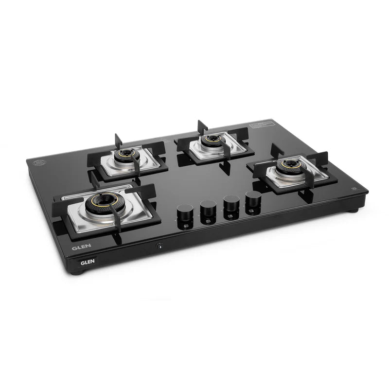 Glen CT1045USTN 4 Burner Ultra Slim Glass Gas Stove – 8mm Toughened Black Glass, 4 Forged Brass Burners, Top-Mounted Knobs & Manual/Auto Ignition
