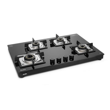 Glen CT1045USTN 4 Burner Ultra Slim Glass Gas Stove – 8mm Toughened Black Glass, 4 Forged Brass Burners, Top-Mounted Knobs & Manual/Auto Ignition