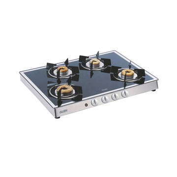 Glen CT1048GTFBMAI 4 Burner Glass Gas Stove – 8mm Mirror Finish Toughened Glass, 3 Forged Brass Burners, Multi-Spark Auto Ignition & Matt SS Drip Trays