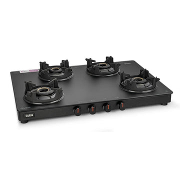 Glen CT1048SLCPBLMGAI 4 Burner Matt Finish Glass Gas Stove – Toughened Glass, Brass Burners, High Flame Burner, Crown Pan Supports & Auto Ignition