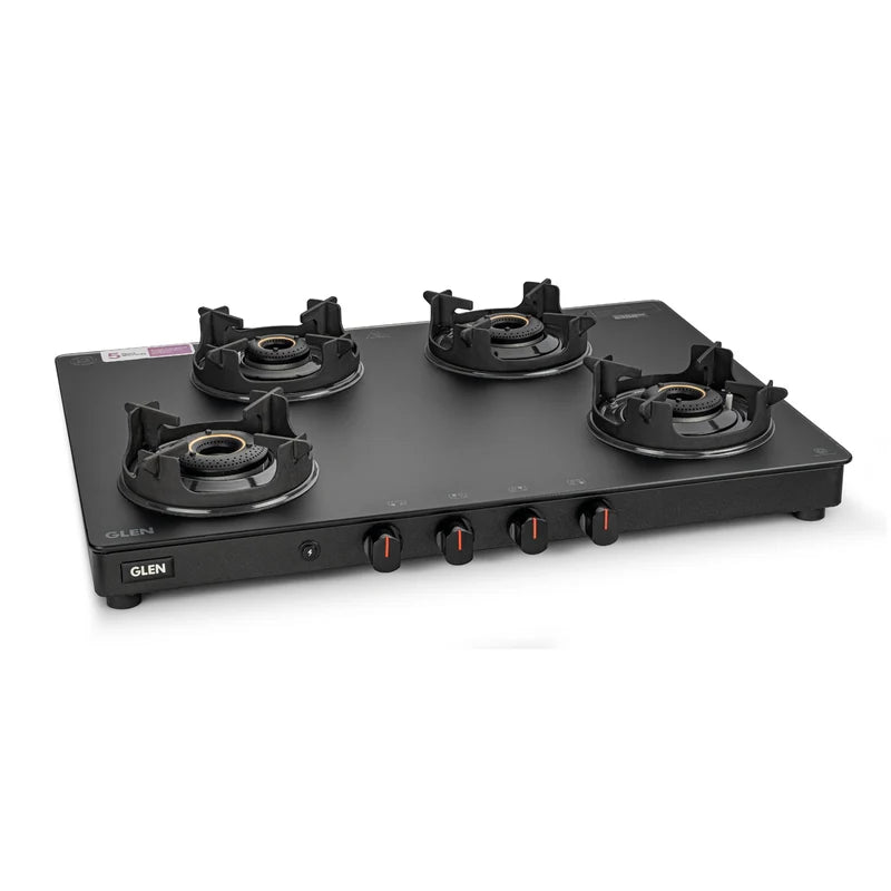 Glen CT1048SLCPBLMGAI 4 Burner Matt Finish Glass Gas Stove – Toughened Glass, Brass Burners, High Flame Burner, Crown Pan Supports & Auto Ignition