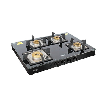 Glen CT1048SQBLFBAI 4 Burner Glass Gas Stove – 8mm Toughened Black Glass, Forged Brass Burners, Multi-Spark Auto Ignition & Matt SS Drip Tray