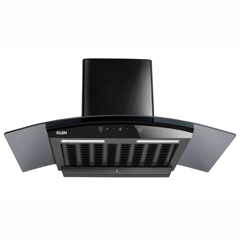 Glen 6058 DI BL AC 60/76/90cm Auto Clean Curved Glass Filterless Kitchen Chimney – 1200 m³/h, Motion Sensor & Digital Display