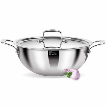 Milton ProCook Deep Tri-Ply Stainless Steel Kadhai with Stainless Steel Lid | Induction Compatible