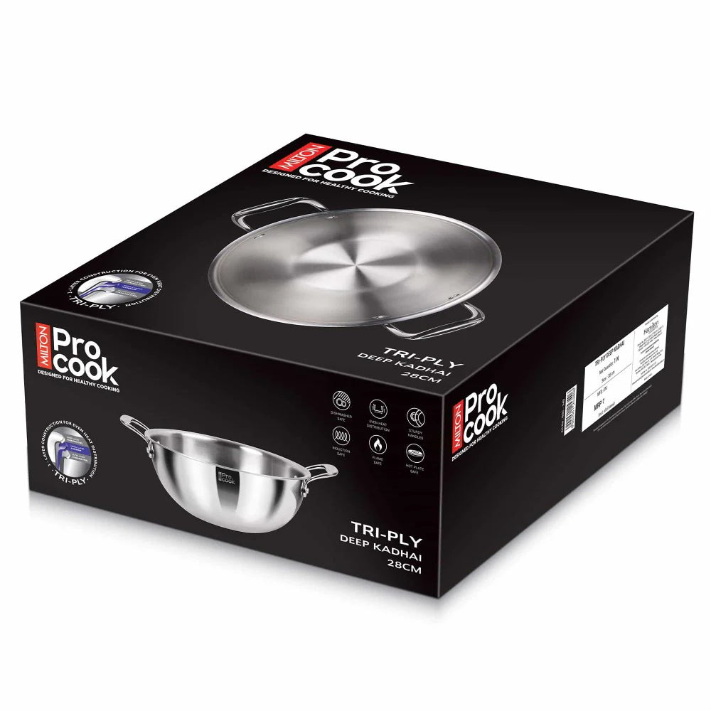 Milton ProCook Deep Tri-Ply Stainless Steel Kadhai with Stainless Steel Lid | Induction Compatible