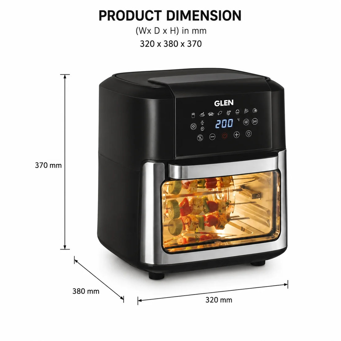 Glen Digital Air Fryer 12 Litre, 2000W with 8 Preset Menus, Time & Temperature Control (SA 3040 DSS)