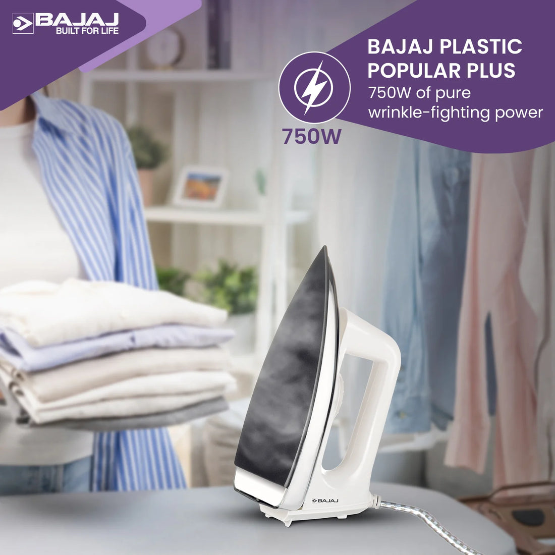 Bajaj Popular Plus Iron 750W | Non-Stick German coating Soleplate
