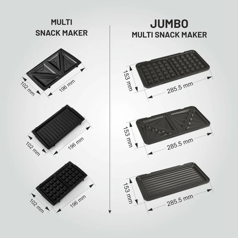 Glen Electric Jumbo Multi Snack Maker | 3 sets of Non-Stick Plates for Sandwich, Grill & Waffle (SA3023JMSM)