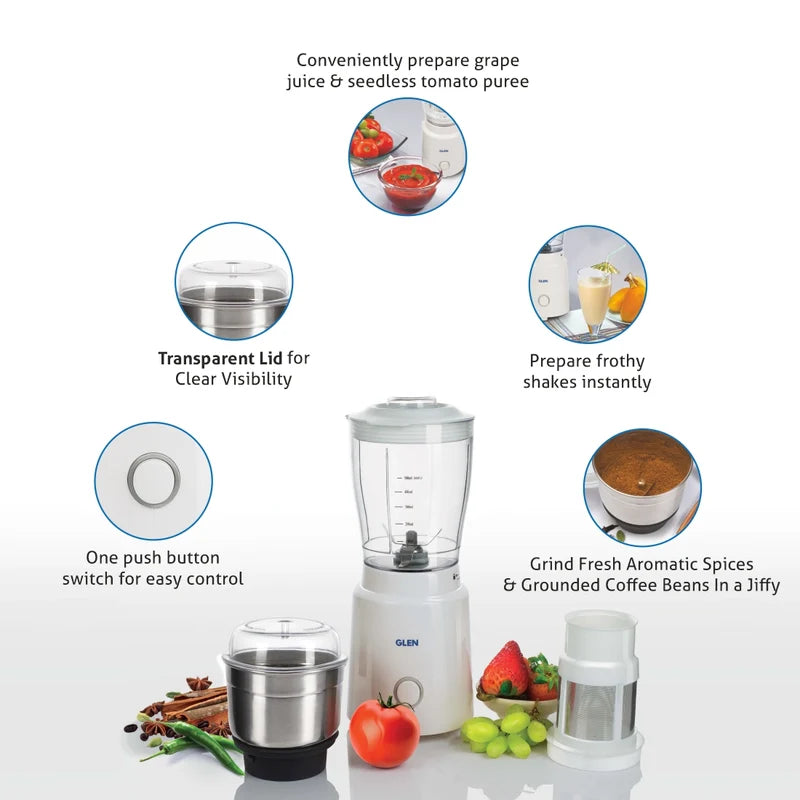 Glen Mini Blender Grinder 350W | 500ml Blender Jar & Stainless Steel Grinder Jar, White (4045BG)