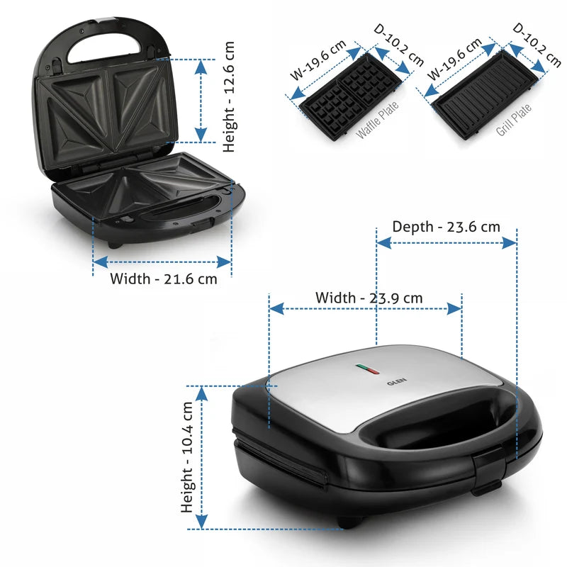 Glen Electric Multi Snack Maker | 3 Interchangeable Non-Stick Plates Sandwich, Grill & Waffle Maker (3022MSM)