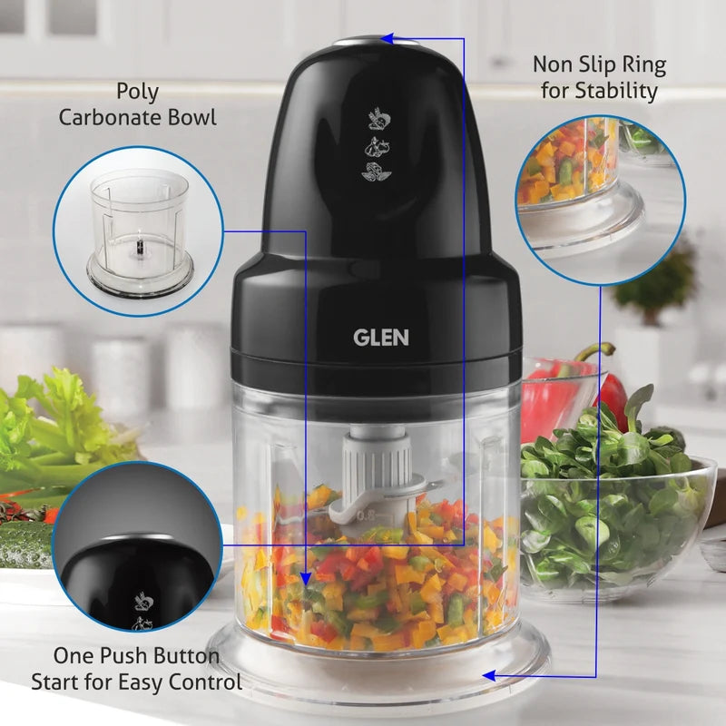 Glen 4043 Turbo Electric Vegetable Chopper, 250W, 600 ml Bowl with SS Blades & Whisking Disc – Black