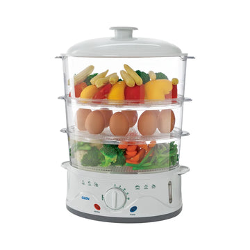 Glen Electric Food Steamer with 3 Tiers, 60-Minute Timer, 8 Egg Slots & Auto Shut-Off (3052)