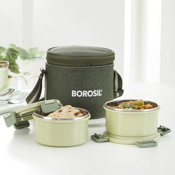 Borosil Glory Green Stainless Steel Lunch Box Set of 2 – 280ml Each