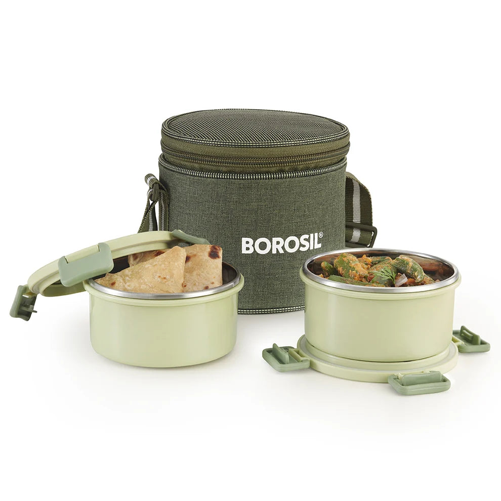 Borosil Glory Green Stainless Steel Lunch Box Set of 2 – 280ml Each