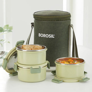 Borosil Glory Green Stainless Steel Lunch Box Set of 3 – 280ml Each