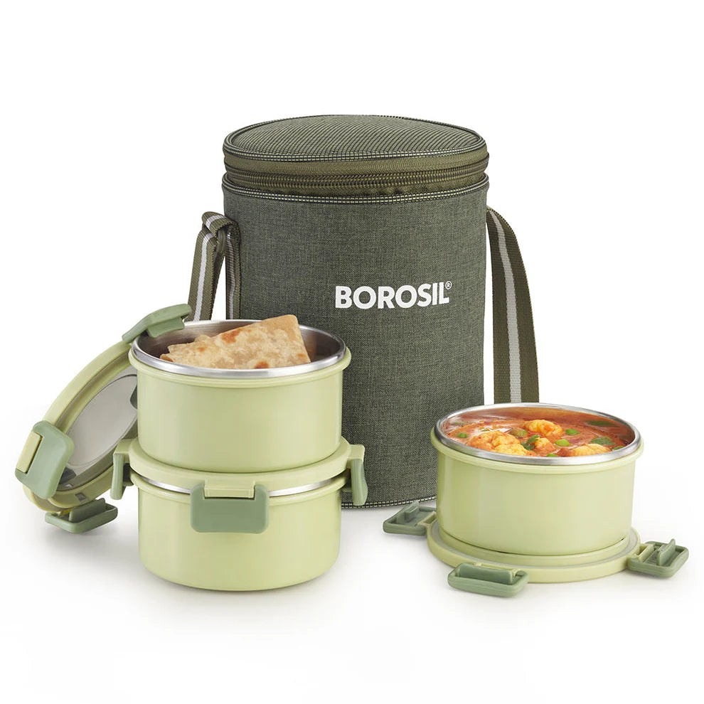 Borosil Glory Green Stainless Steel Lunch Box Set of 3 – 280ml Each