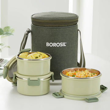 Borosil Glory Green Stainless Steel Lunch Box Set of 3 – 460ml + 280ml × 2