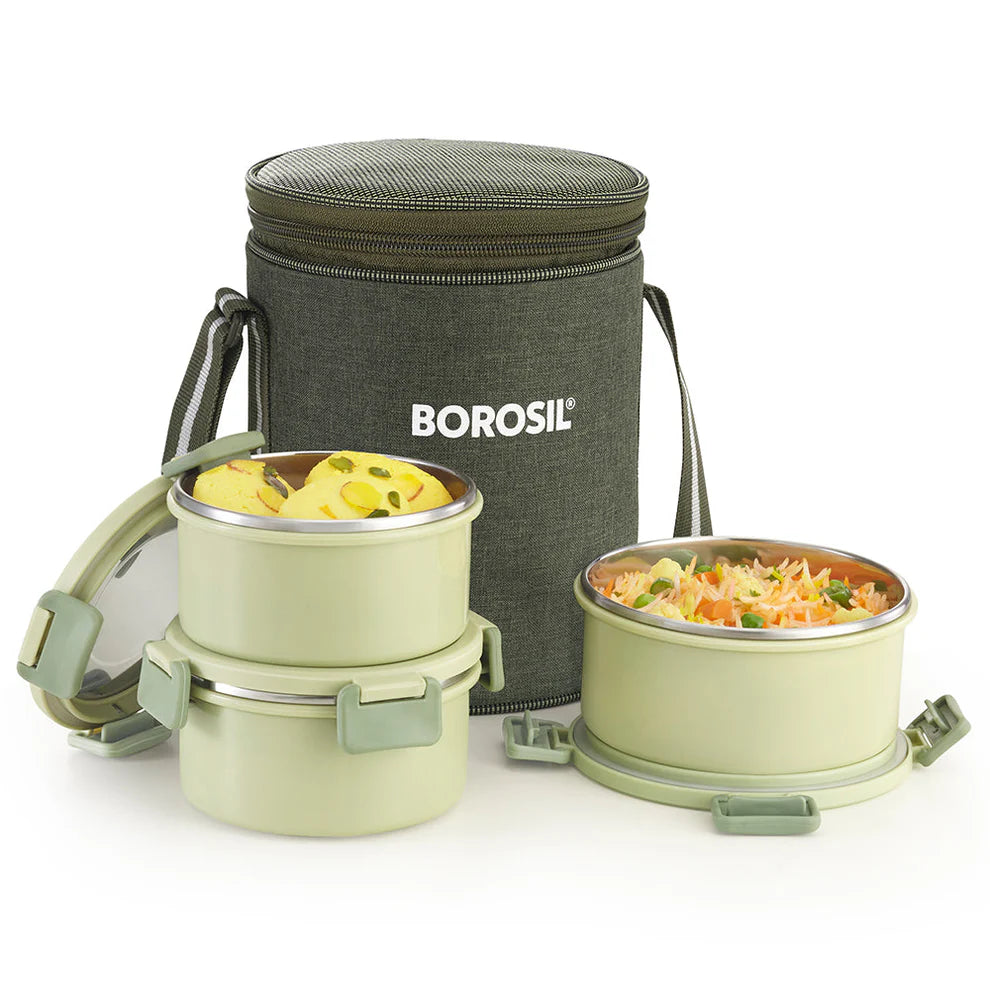 Borosil Glory Green Stainless Steel Lunch Box Set of 3 – 460ml + 280ml × 2